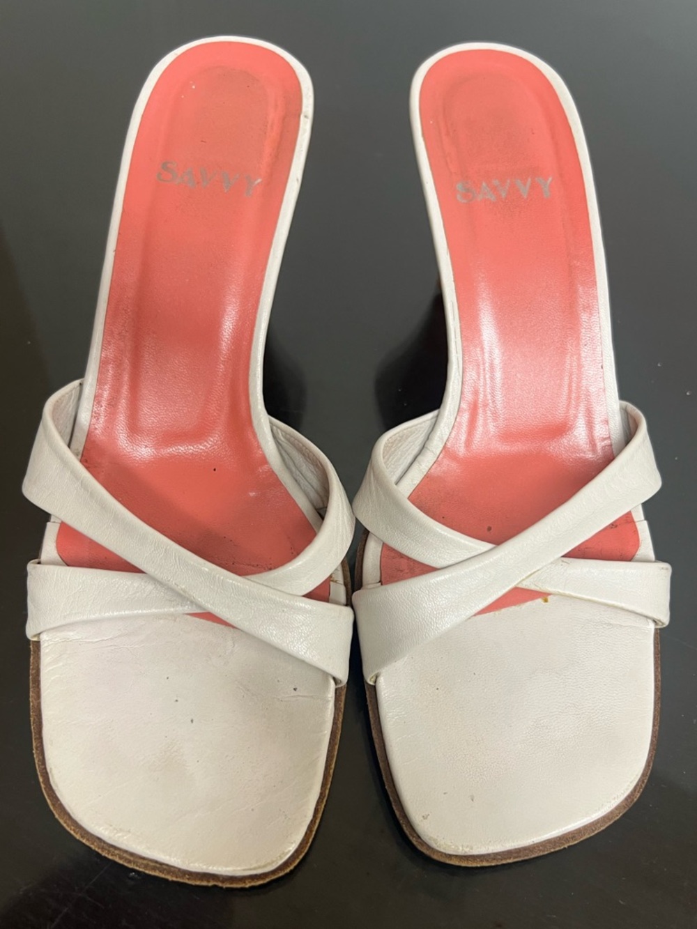 Savvy White Strappy Mule Slides with Coral Insole